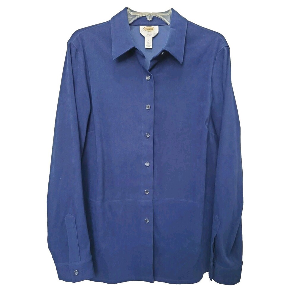 Talbots Stretch Blue Microfiber Long Sleeve Button-Up Shirt Jacket Shacket Large